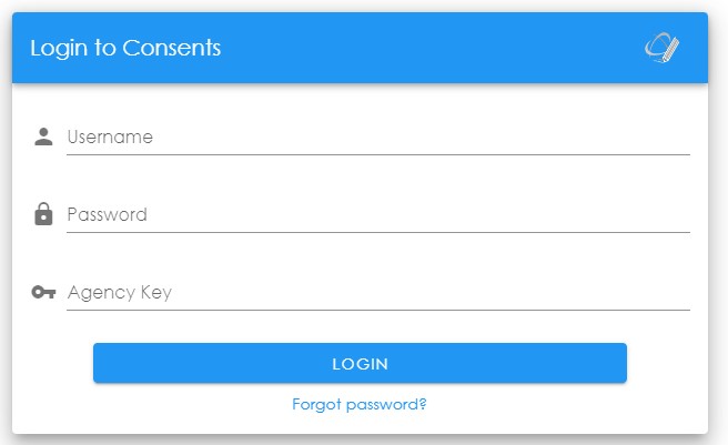 A login screen with blue text Description automatically generated